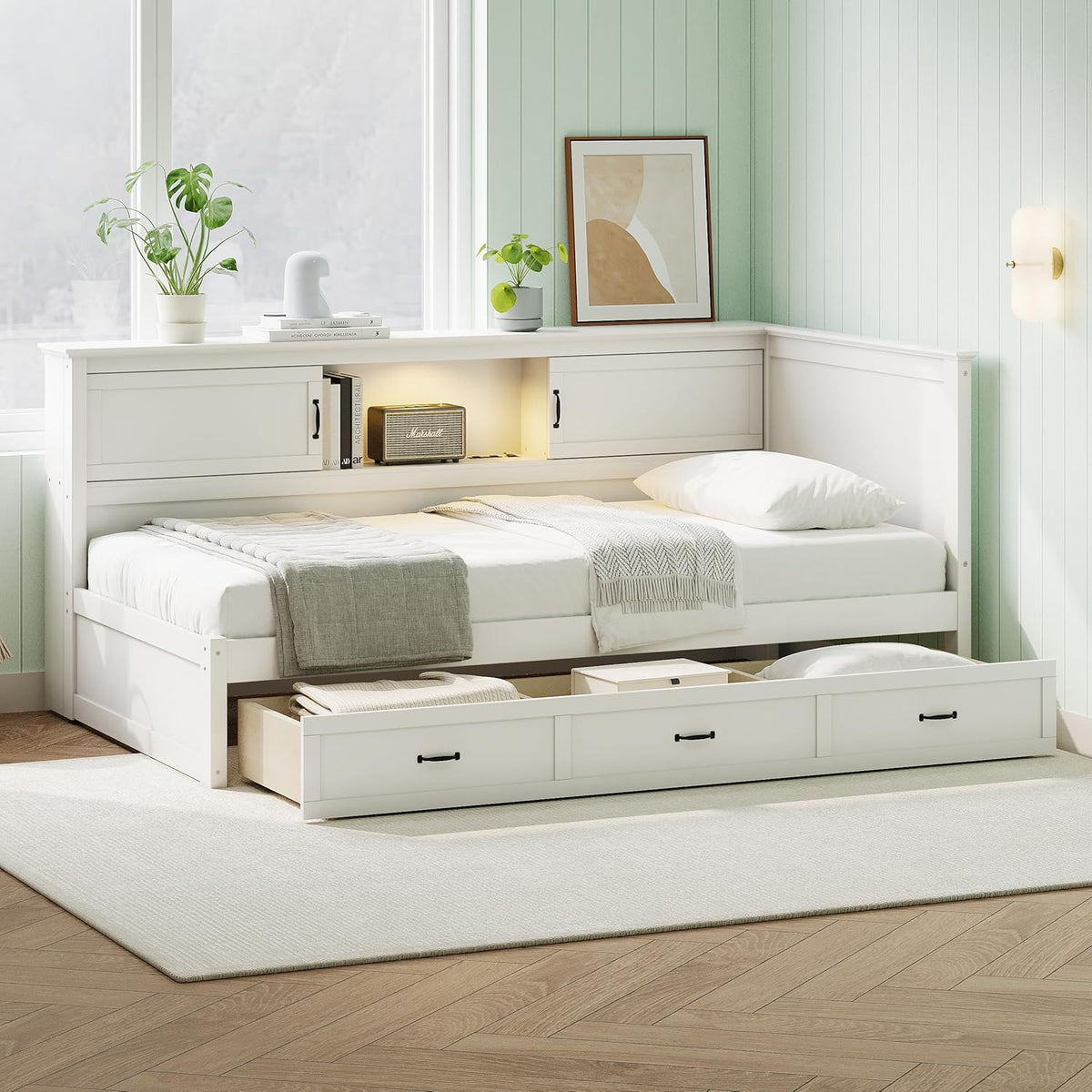 Merax Corner Bed Frame with Storage Bookcase and LED Lights,Twin Platform Bed Frame with Headboard and Charging Station, Twin Daybed with Storage Drawer, Pure White