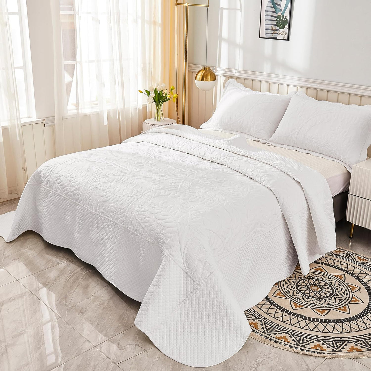 MarCielo 3-Piece 100% Cotton Oversized Bedspread Lightweight Quilt Coverlet Embroidery Farmhouse Bedding Set T0 (Bright White, Oversized King (118'x106'))