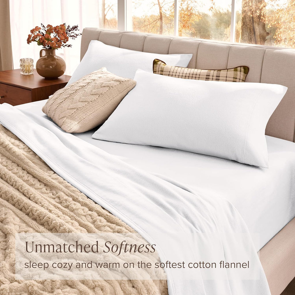 Bare Home Organic Cotton Flannel Sheet Set - Split King Size - 100% Cotton - Double Brushed for Extra Softness & Comfort - Warm, Cozy, and Durable - Breathable - Bed Sheets (Split King, White)