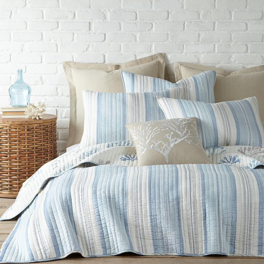 Levtex Home - Ipanema Quilt Set - Full/Queen Quilt + Two Standard Pillow Shams - Coastal - Blue, Taupe and Cream - Quilt Size (88x92in.) and Pillow Sham Size (26x20in.) - Reversible - Cotton Fabric