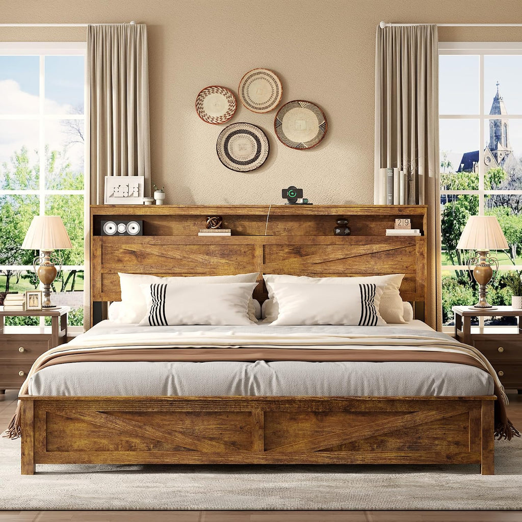Farmhouse King Size Bed Frame with Headboard Storage Shelf, Wood Platform Bed Frame with LED Lights & Charging Station, Rustic Brown Metal Bed, No Box Spring Needed, Noise-Free Sturdy Structure