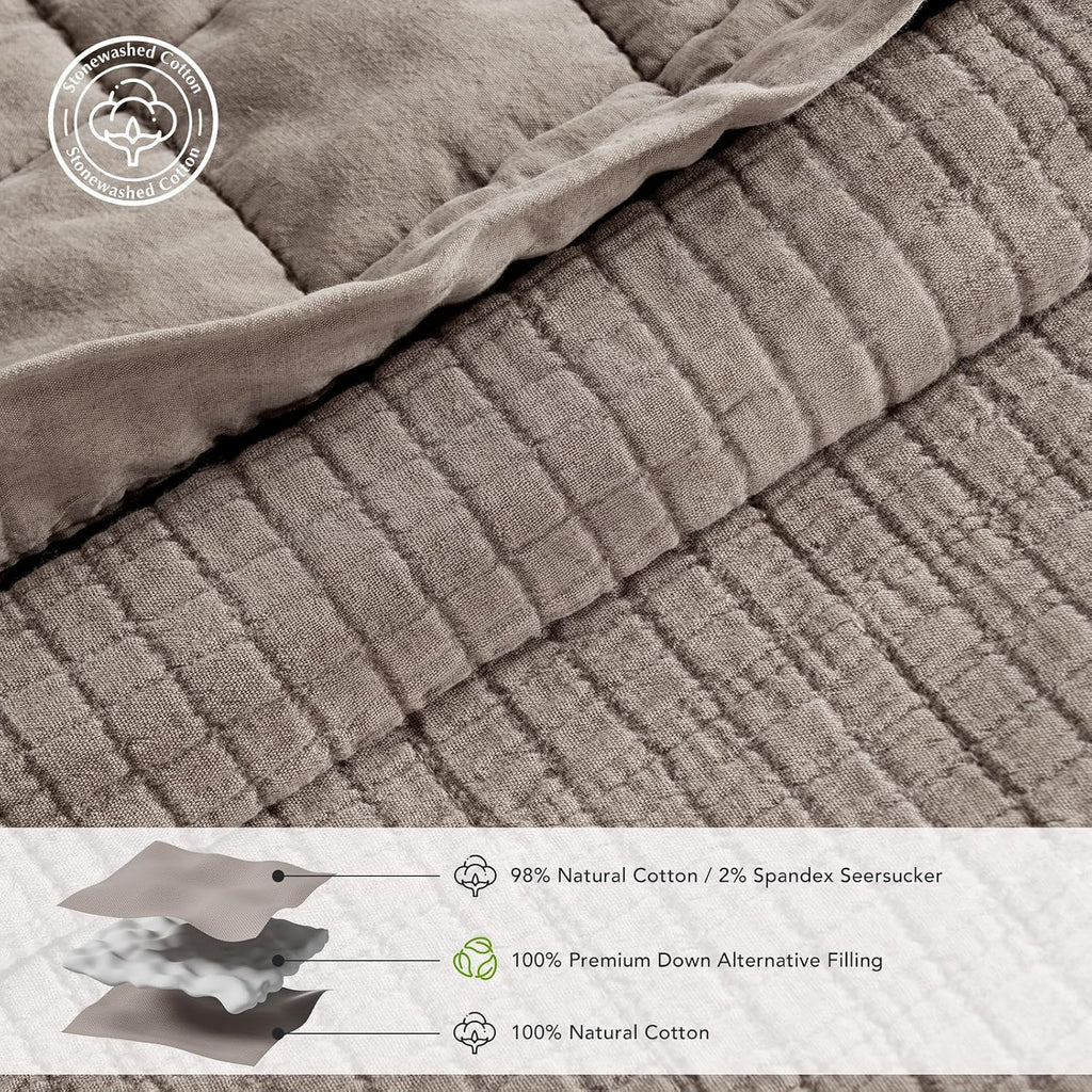 EVERGRACEHOME Stonewashed Cotton Quilt Set King Size, Ultra Soft Oversized Bedspread Coverlet Set, Lightweight Crinkle Box Stitch Bedding Sets for All Season, with 2 Shams, Truffle Taupe Brown