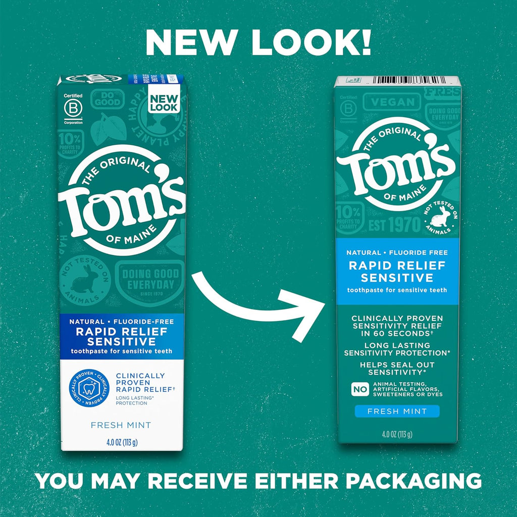 Tom's of Maine Fluoride-Free Rapid Relief Sensitive Toothpaste,Fresh Mint,4 oz. (Packaging May Vary), (Pack of 24)