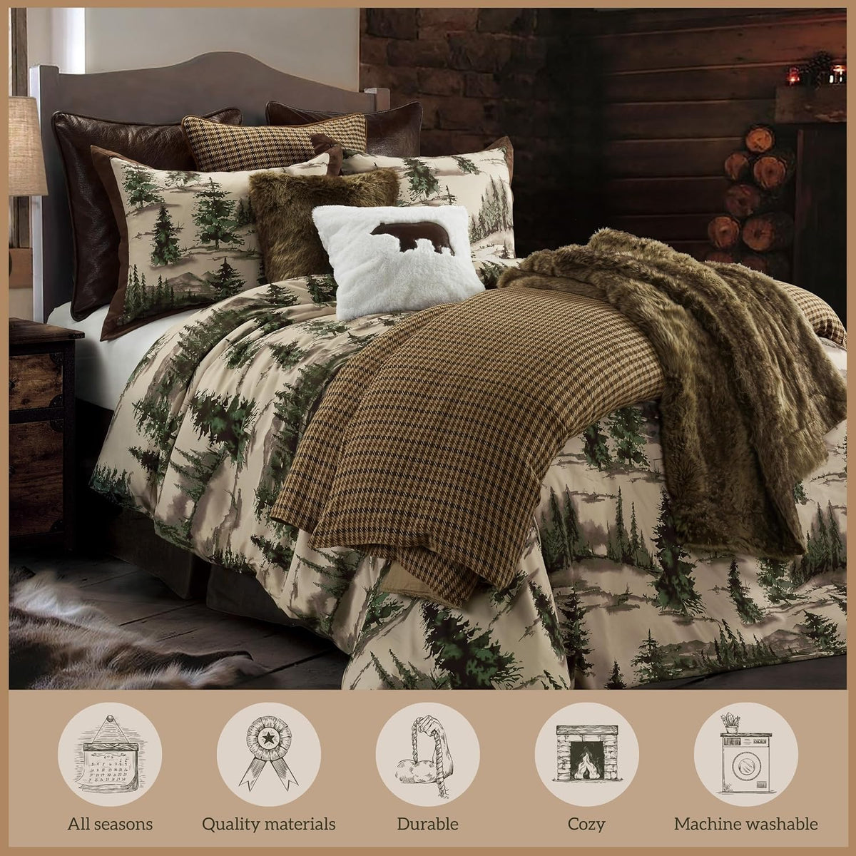 Paseo Road Cabin Bedding Joshua 3 Piece Lodge Comforter Set with Pillow Shams, Full Forest Woods Bedding, Pine Trees Comforter Set, Woodland Nature Western Rustic Bed Set