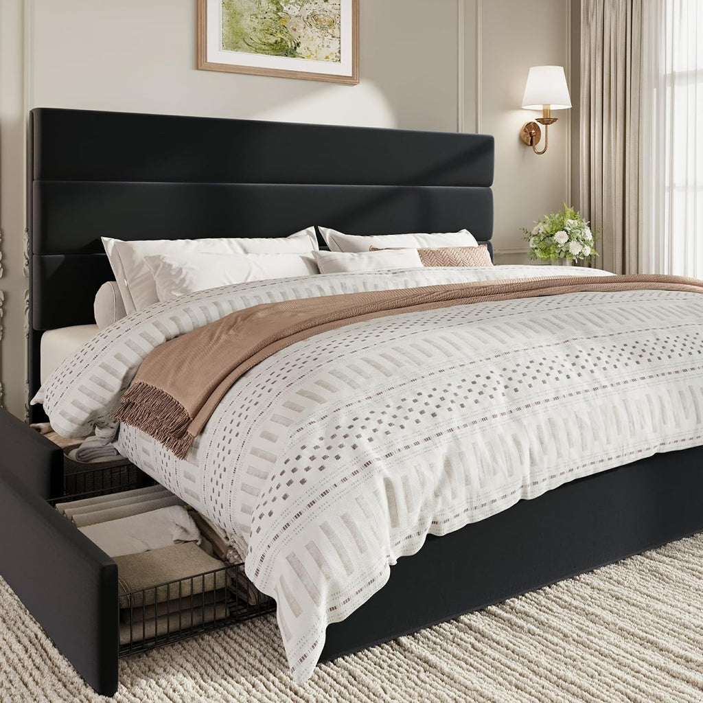 SHA CERLIN King Size Platform Bed Frame with 4 Storage Drawers, Velvet Upholstered Headboard, Mattress Foundation with Wooden Slats Support, No Box Spring Needed, Easy Assembly, Black
