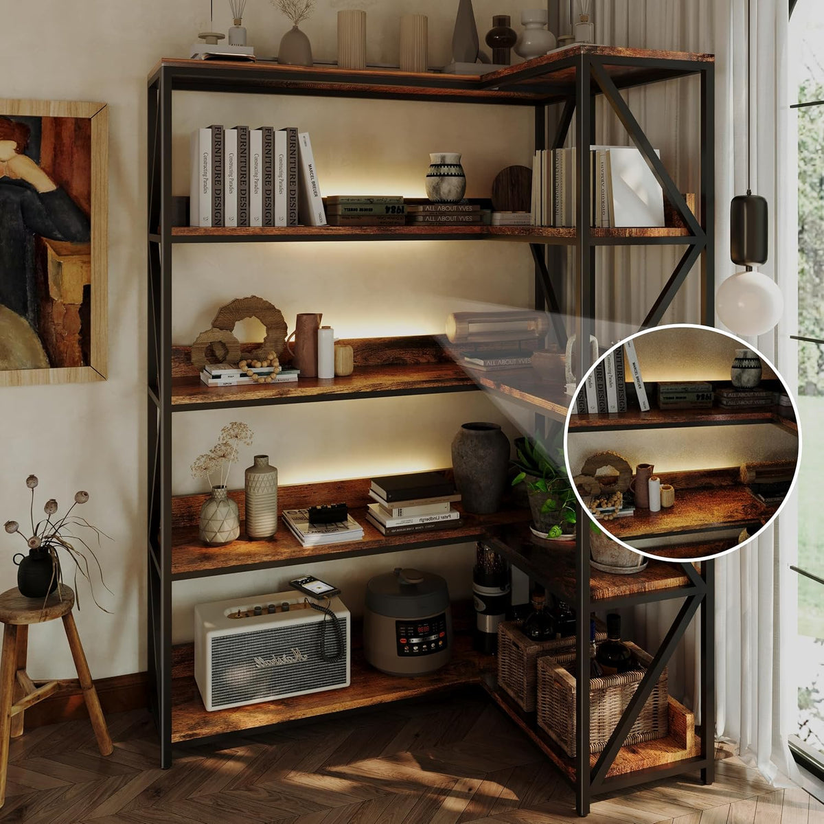 Corner Bookshelf with Light, Indoor Plant Bookcase with Grow Light L Shaped 5 Tier Tall Corner Shelf LED Display Shelves, Vintage Industrial Rotating Bookshelves Metal and Wood Book Shelf