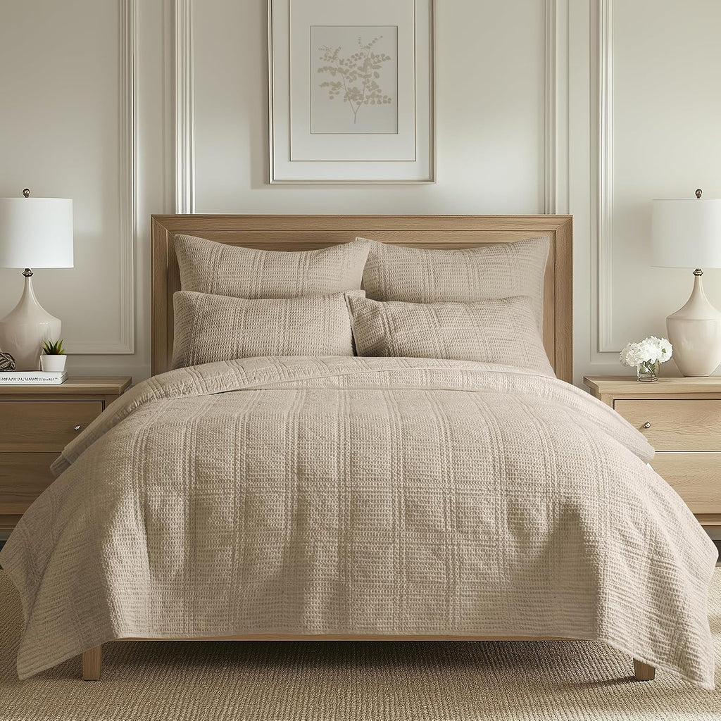 Levtex Home Cloud Waffle Full/Queen Quilt Set (88x92in) and 2 Pillow Shams (26x20in) - Box Quilted Waffle Texture - Taupe - Cotton Full/Queen Size Quilt Bedding Set - Lightweight Soft Pre-Washed