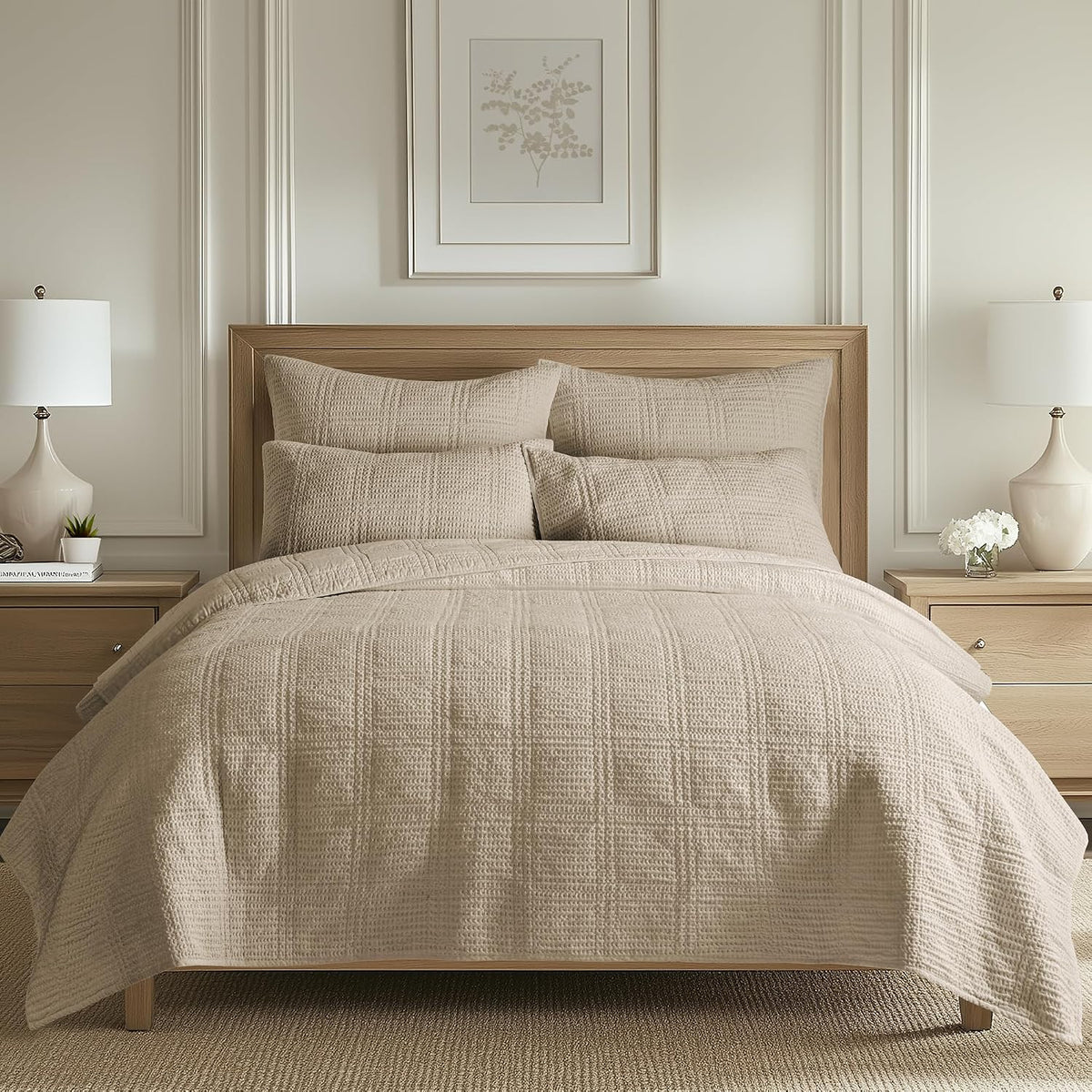 Levtex Home Cloud Waffle Full/Queen Quilt Set (88x92in) and 2 Pillow Shams (26x20in) - Box Quilted Waffle Texture - Taupe - Cotton Full/Queen Size Quilt Bedding Set - Lightweight Soft Pre-Washed