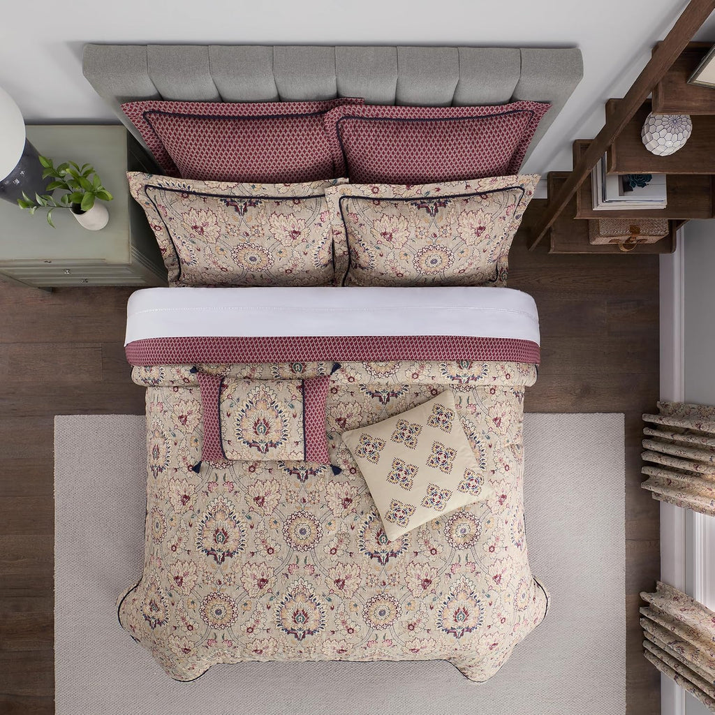 Waverly Oxford Damask 4 Piece Cotton Comforter Set, Embellished All Season Bedding, Includes One Comforter, One Bed Skirt and Two Pillow Shams, Machine Washable Queen Bed Set, Beige & Maroon