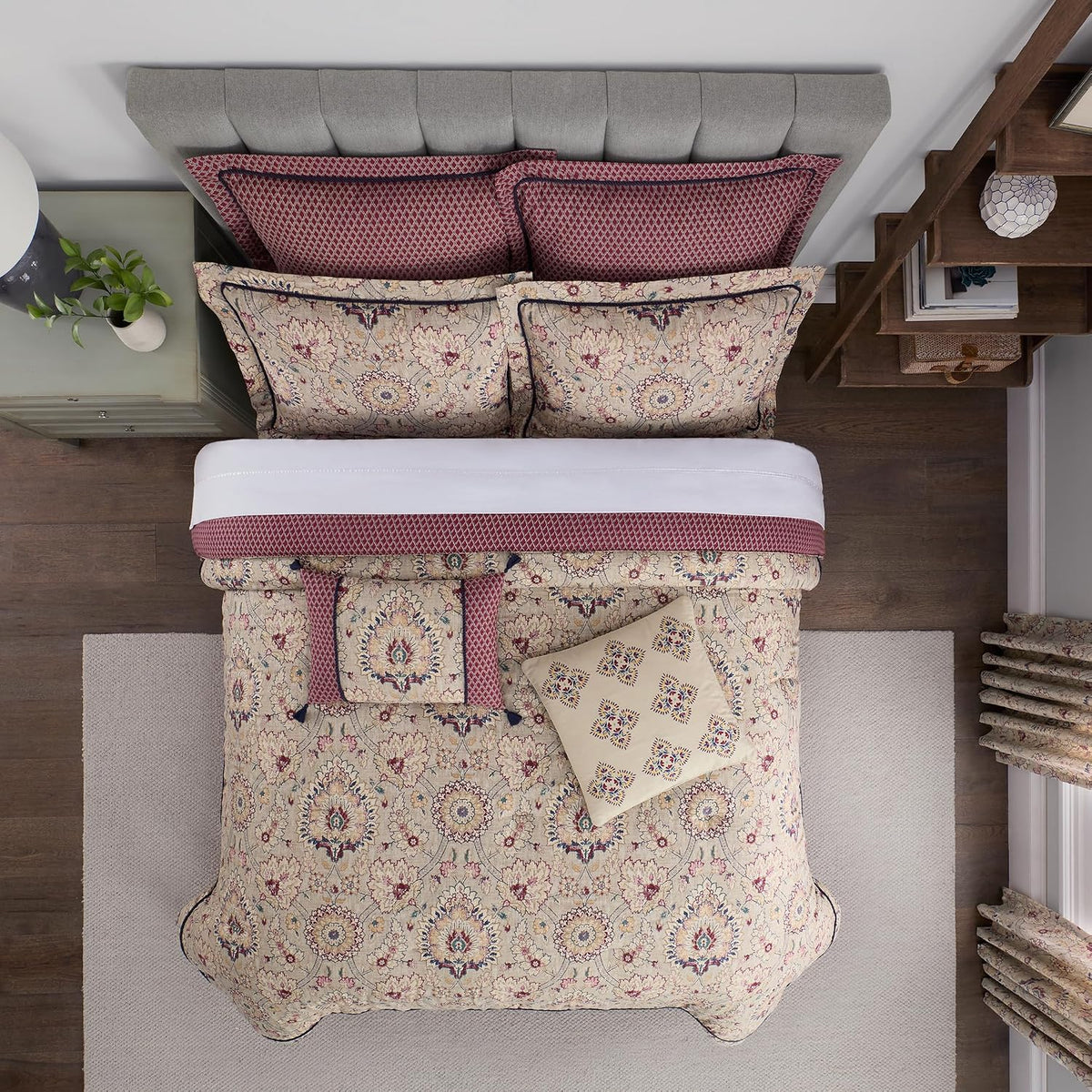 Waverly Oxford Damask 4 Piece Cotton Comforter Set, Embellished All Season Bedding, Includes One Comforter, One Bed Skirt and Two Pillow Shams, Machine Washable Queen Bed Set, Beige & Maroon