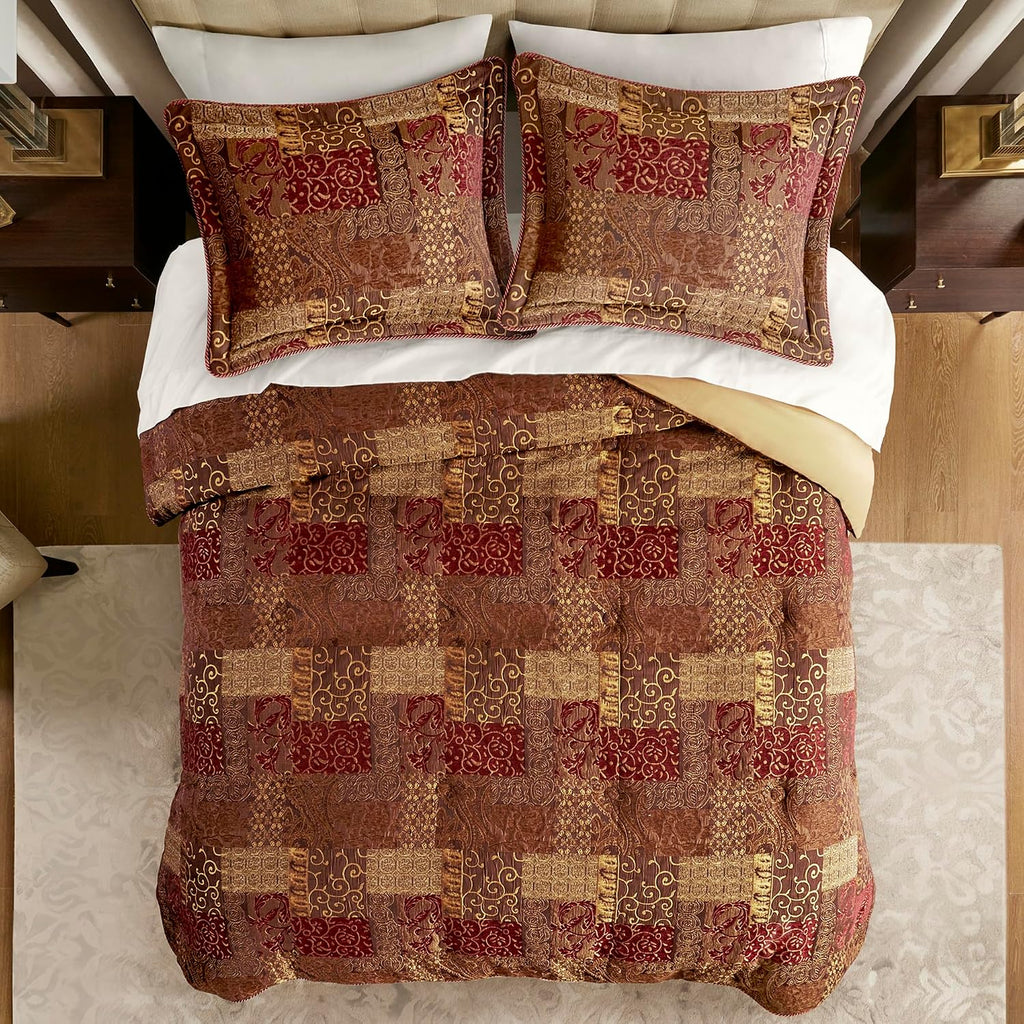 Croscill Classics King Comforter Set, Luxe Chenille Jacquard Patchwork, Microfiber Twill Comforter for a King-Size Bed, Oversized Comforter King Bedding, 2 Shams & Bedskirt, Galleria, King, Red