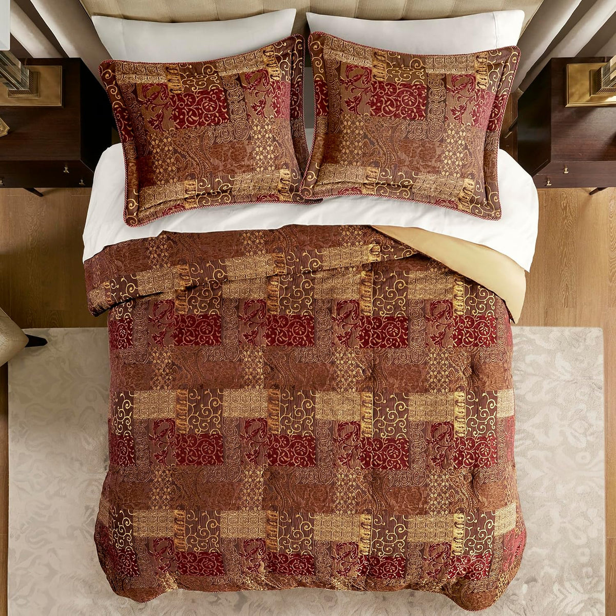 Croscill Classics King Comforter Set, Luxe Chenille Jacquard Patchwork, Microfiber Twill Comforter for a King-Size Bed, Oversized Comforter King Bedding, 2 Shams & Bedskirt, Galleria, King, Red