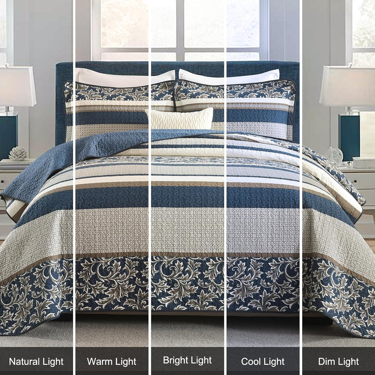 Uniclinens 100% Cotton Quilts Queen Size, Lightweight Botanical Striped Queen Quilt Bedding Set, Vintage Chic Reversible Quilted Bedspreads Coverlet Set, All Season, 3 Pieces, Navy Blue/Gray/Kharki