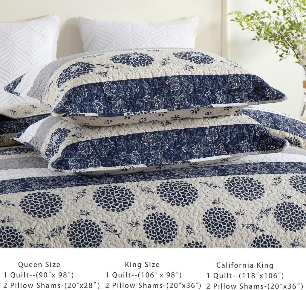 Homzard California King Size Comforter Set,Navy Blue Beige All Cotton Quilted Bedspread (118 * 106 Inch) with 2 Pillow Shams,Oversized Floral Quilt Set Lightweight All Season Coverlet | 3 Piece All Season