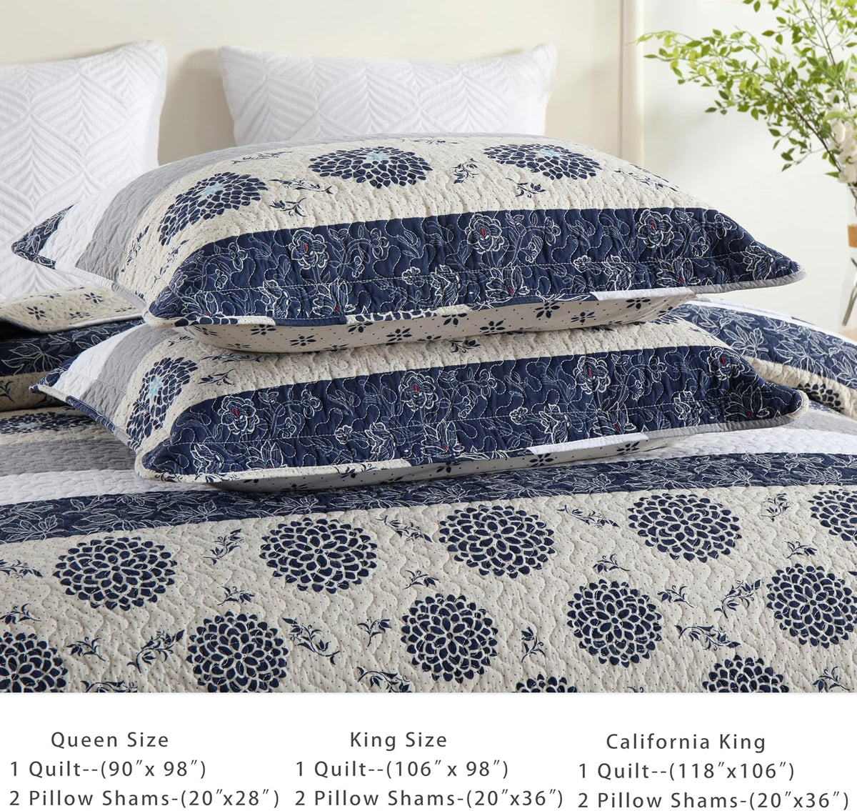 Homzard California King Size Comforter Set,Navy Blue Beige All Cotton Quilted Bedspread (118 * 106 Inch) with 2 Pillow Shams,Oversized Floral Quilt Set Lightweight All Season Coverlet | 3 Piece All Season