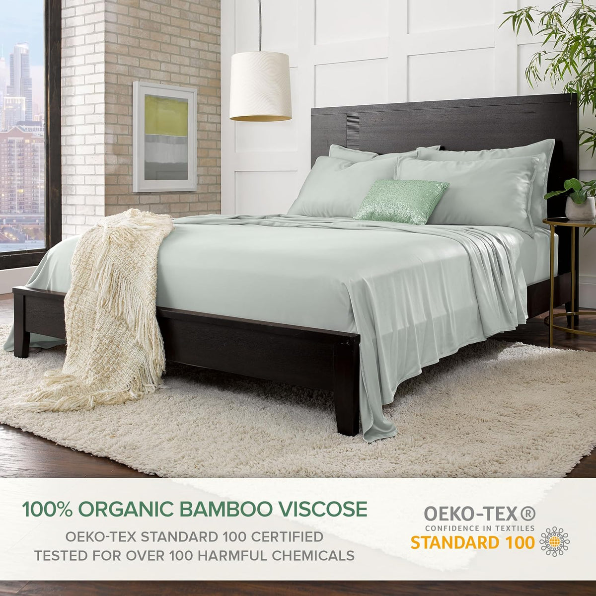 Pure Bamboo Split King Sheets, Genuine 100% Organic Viscose Derived from Bamboo Bed Sheet Set, Soft & Cooling, Double Stitching, 2 Fitted Sheets (Split King, Sea Glass)