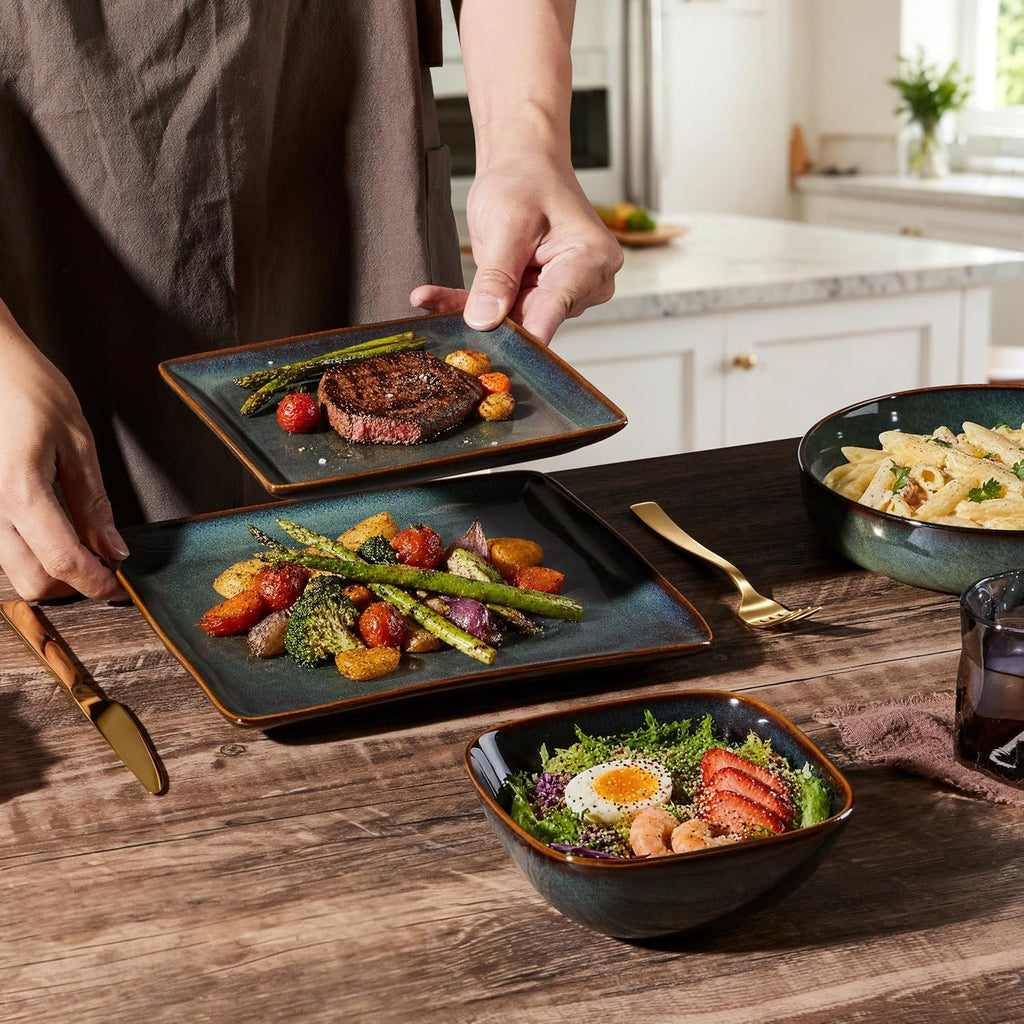 E-far Square plates and bowls Sets for 6, 18-Piece Reactive Glaze Stoneware Dinnerware Sets, Ceramic Dishes for Kitchen Dining, Microwave & Dishwasher Safe, Obsidian Green