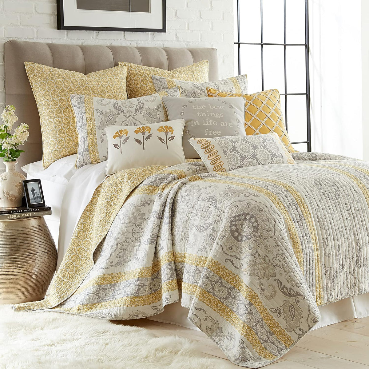 Levtex Home - St. Claire Quilt Set - Twin Quilt + One Standard Pillow Sham - Suzani and Paisleys - Grey and Yellow - Quilt Size (68x86in.) and Pillow Sham Size (26x20in.) - Reversible - Cotton Fabric