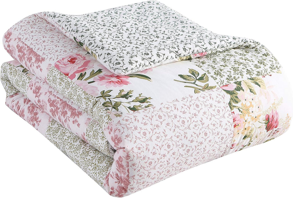 Laura Ashley - Queen Comforter Set, Reversible Cotton Bedding, Includes Matching Shams with Bonus Euro Shams & Throw Pillows (Ailyn Pink, Queen)
