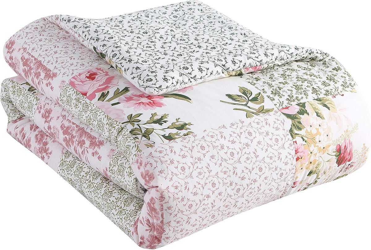 Laura Ashley - Queen Comforter Set, Reversible Cotton Bedding, Includes Matching Shams with Bonus Euro Shams & Throw Pillows (Ailyn Pink, Queen)