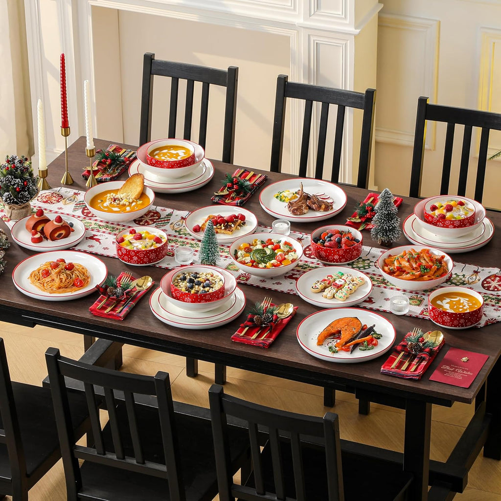 MALACASA Plates and Bowls Sets, 24 Pieces Christmas Porcelain Dinnerware Set for 6, Ceramic Dishware Dishes Kitchen Dining Ware Set, Microwave and Dishwasher Safe, Series LUNA-Christmas Tree