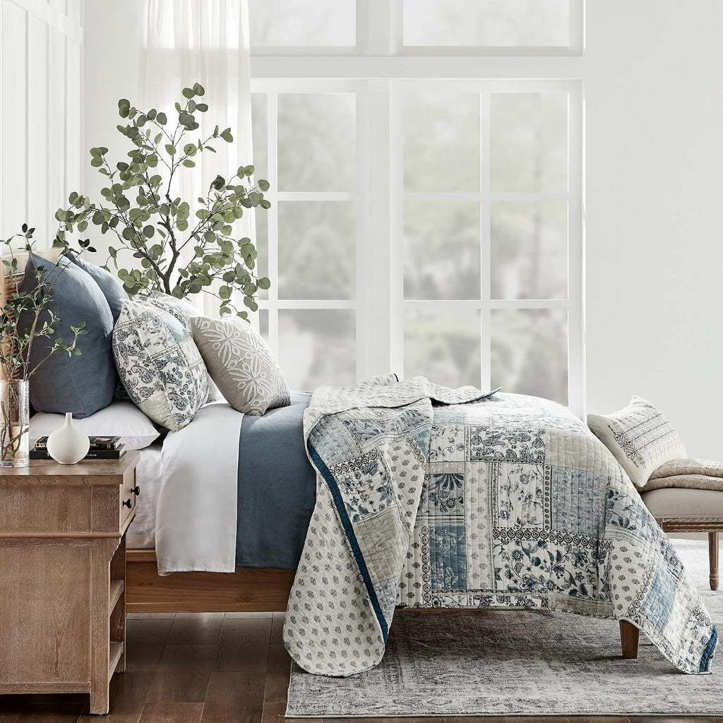 Levtex Home - Aliza Quilt Set - Full/Queen Quilt and Two Standard Shams - Printed Patchwork - Blue, Navy, Taupe and Cream - Quilt (88x92in.) and Shams (20x26in.) - Reversible - Cotton