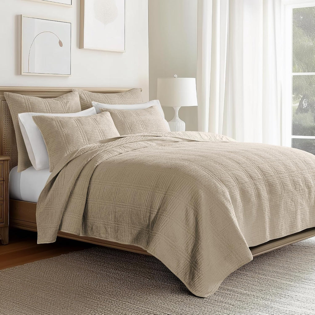 Levtex Home Cloud Waffle King/Cal King Quilt Set (106x92in) and 2 Pillow Shams (36x20in) - Box Quilted Waffle Texture - Taupe - Cotton King Size Quilt Bedding Set - Lightweight Soft Pre-Washed