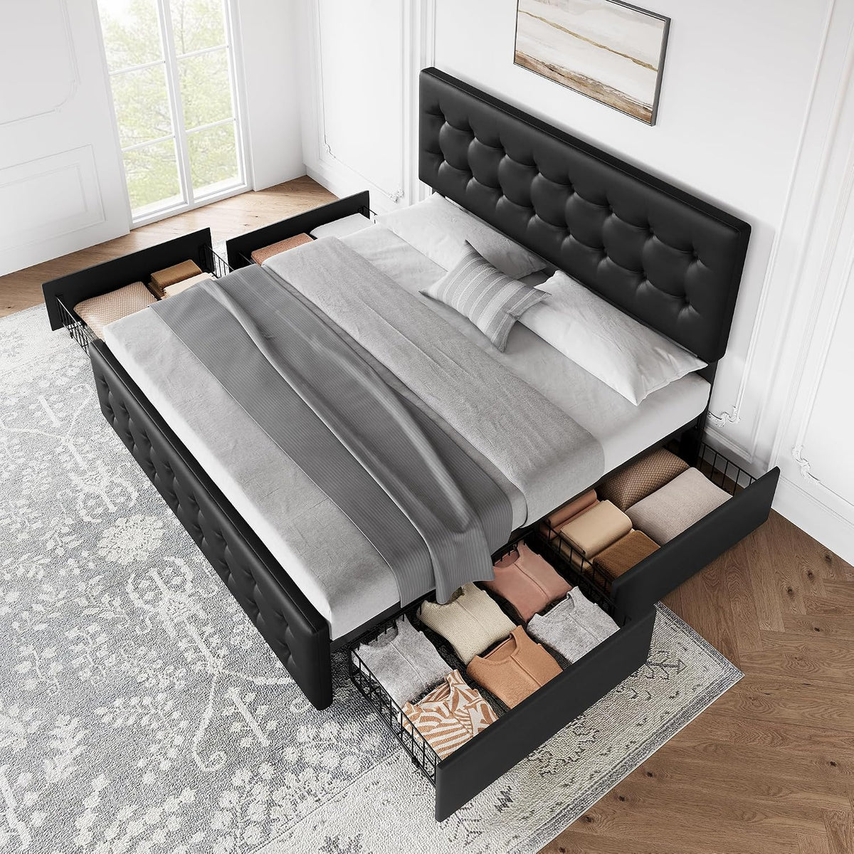 GarveeHome King Size Bed Frame with 4 Storage Drawers and Faux Leather Upholstered Headboard, Wooden Slats Support, Button Tufted Design, No Box Spring Needed, Black