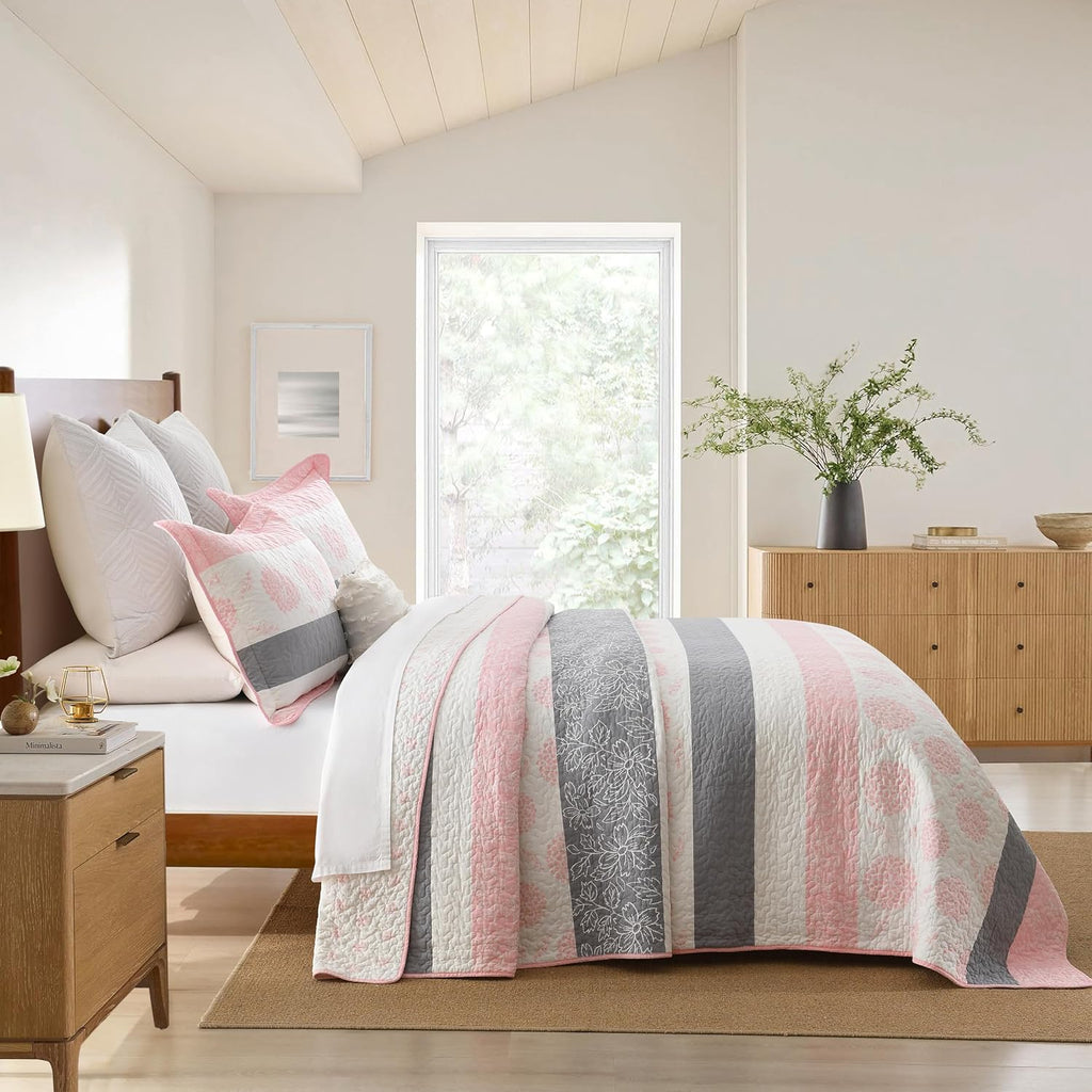 Homzard Floral Comforter King Size,Cotton King Size Quilt Sets,Pink White Grey Comforter Set,Farmhouse Striped Bedding Set,Lightweight Reversible 3 Piece Bedspread,All Season