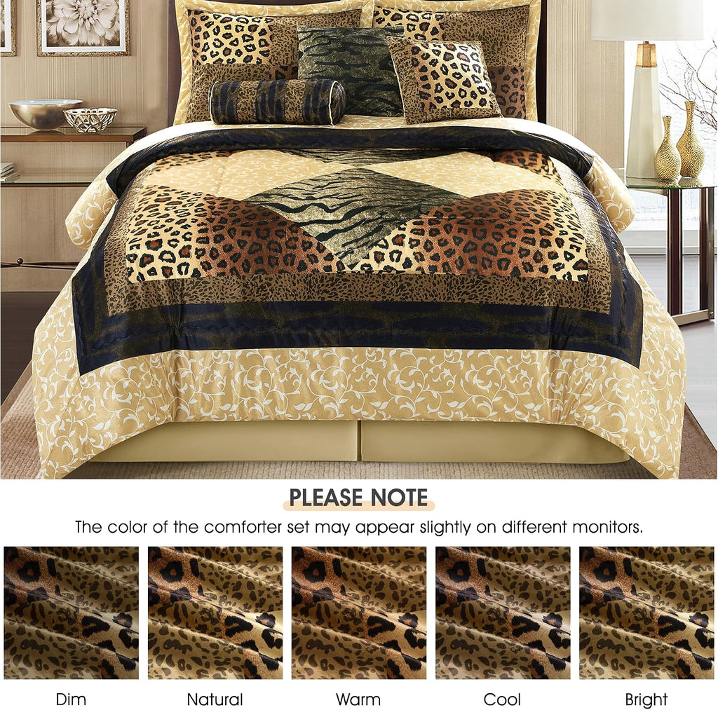 LANCO MODERN LIFESTYLE 7 Piece Queen Comforter Set, Brown Gold, Leopard Short Plush Print, African Safari Themed Bed Set for All Season, Include Comforter, Bedskirt, Pillow Shams and Decor Pillows