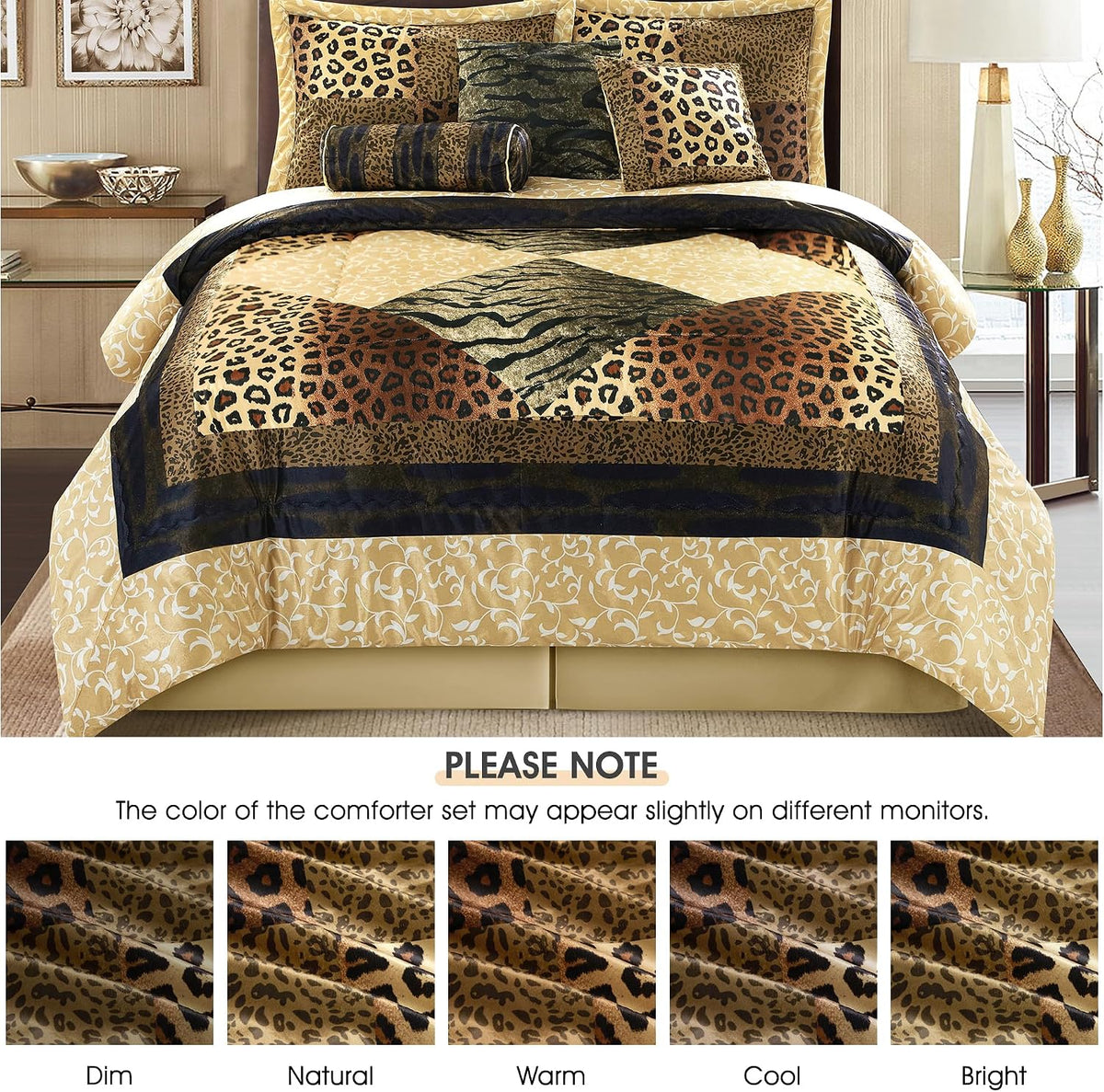 LANCO MODERN LIFESTYLE 7 Piece Queen Comforter Set, Brown Gold, Leopard Short Plush Print, African Safari Themed Bed Set for All Season, Include Comforter, Bedskirt, Pillow Shams and Decor Pillows