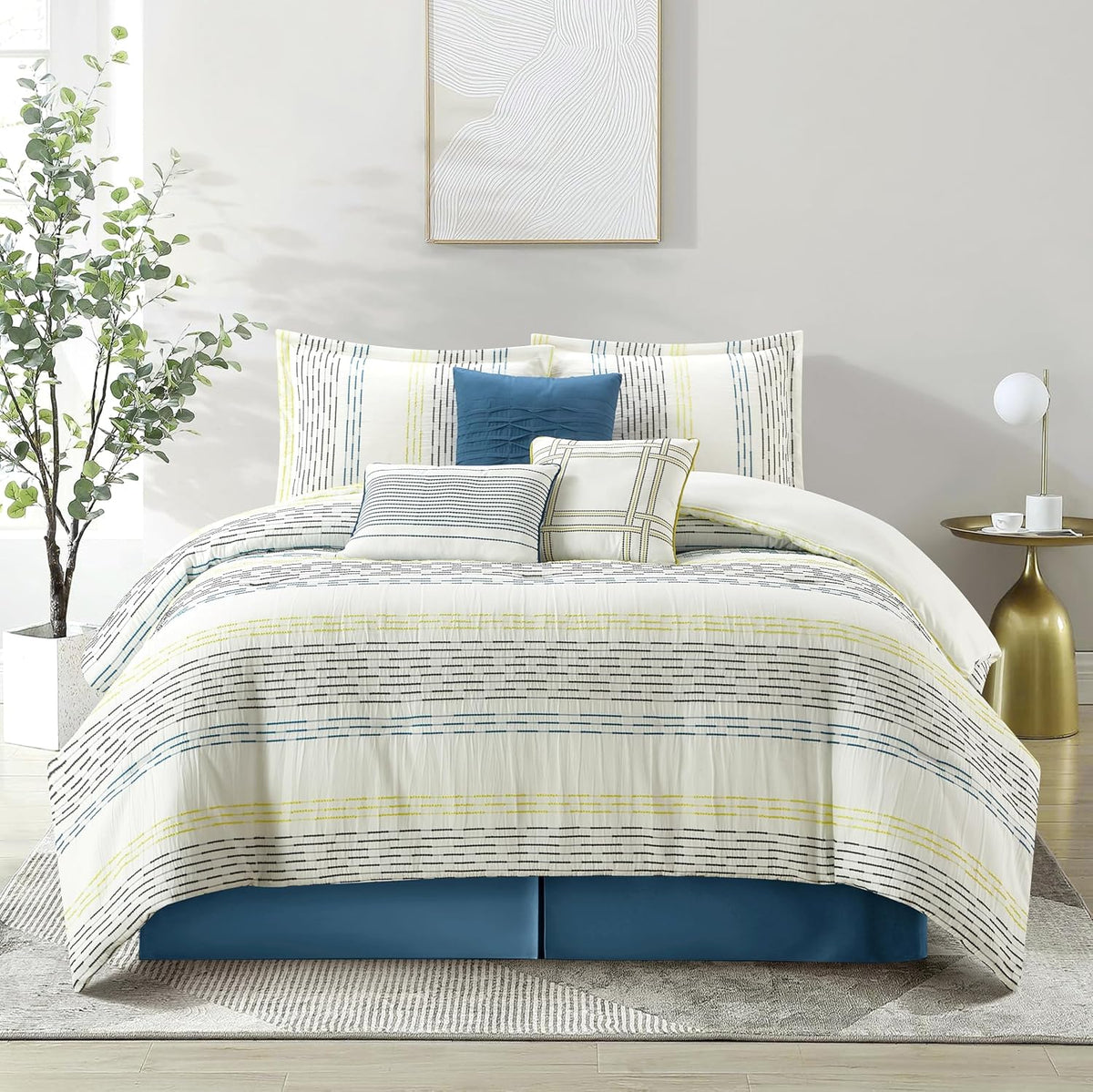 Stratford Park White Blue Comforter Set King Size, 7 Piece Geometric Jacquard Bedding Set, Matching Bedskirt, Pillows & Shams, Curtains