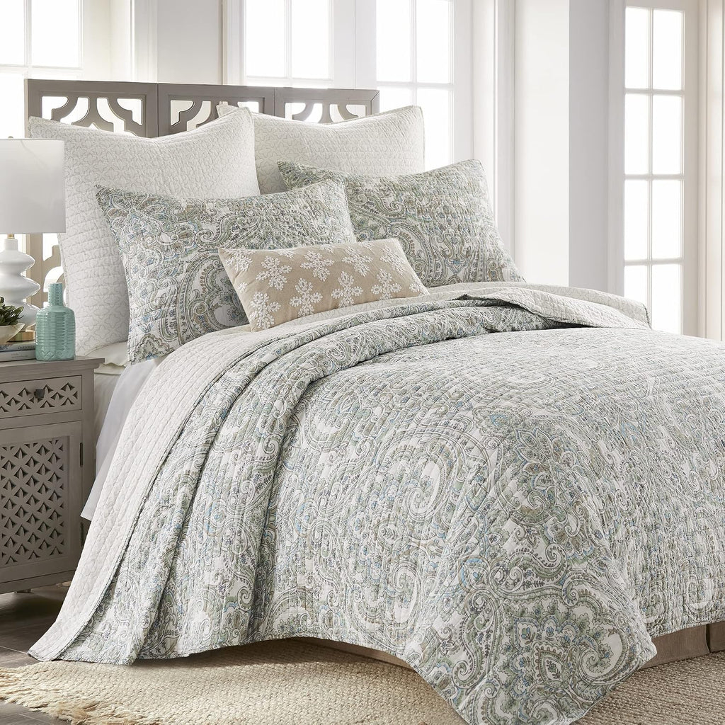 Levtex Home - Assisi Quilt Set - King/Cal King Quilt and Two King Shams - Regal Floral- Cream, Green, Blue and Taupe - Quilt (106x92in.) and Shams (20x36in.) - Reversible - Cotton/Cotton
