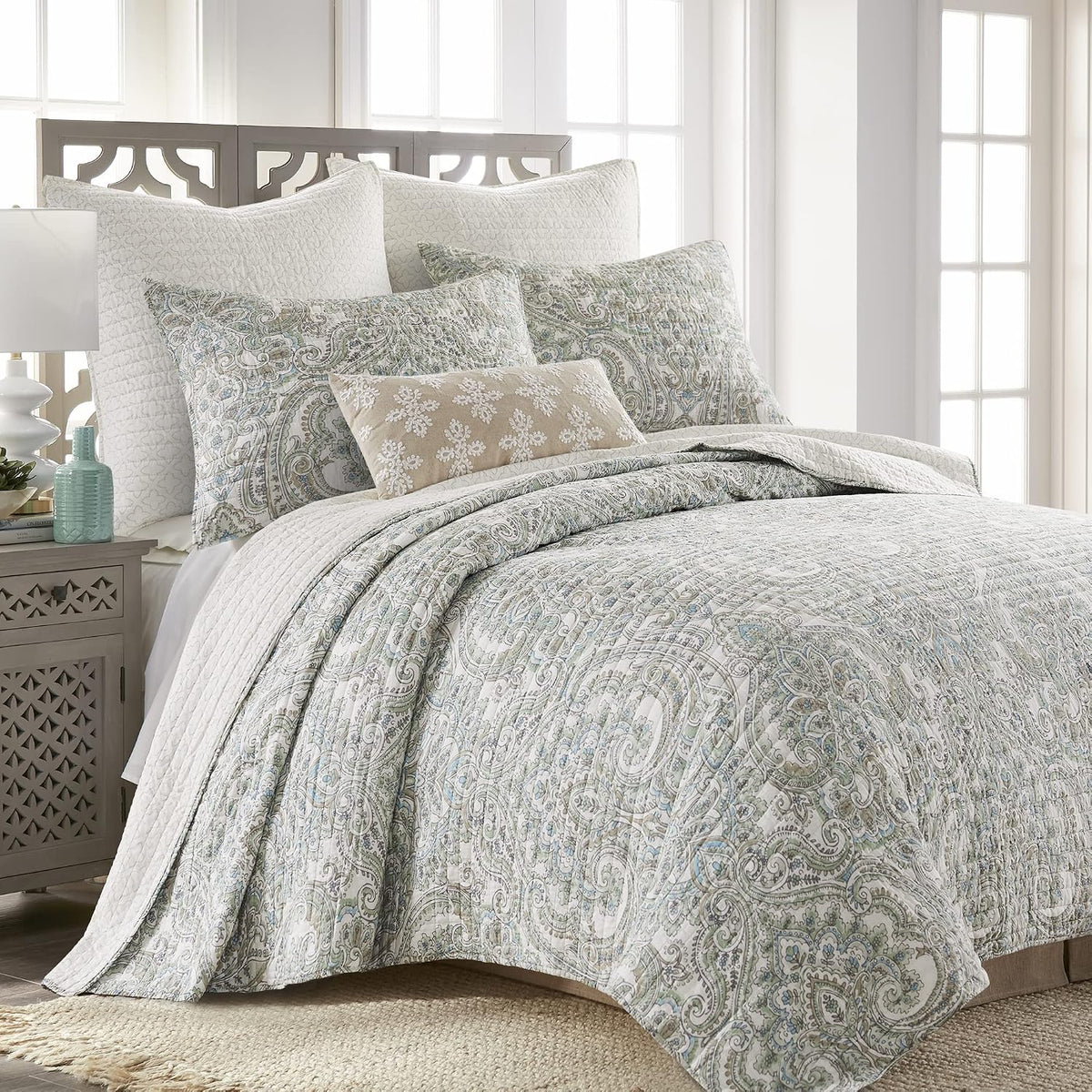 Levtex Home - Assisi Quilt Set - Twin/Twin XL Quilt and One Standard Sham - Regal Floral- Cream, Green, Blue and Taupe - Quilt (68x86in.) and Sham (20x26in.) - Reversible - Cotton/Cotton