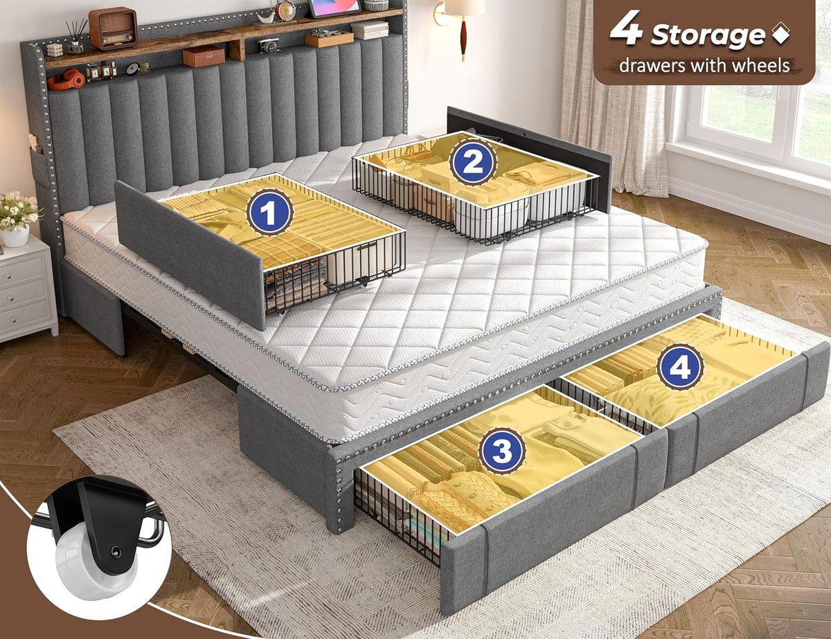 EnHomee Upholstered King Size Bed Frame with 4 Storage Drawers, 2-Tier Storage Headboard, Platform Bed Frame with Wooden Slats Support, No Box Spring Needed, Grey