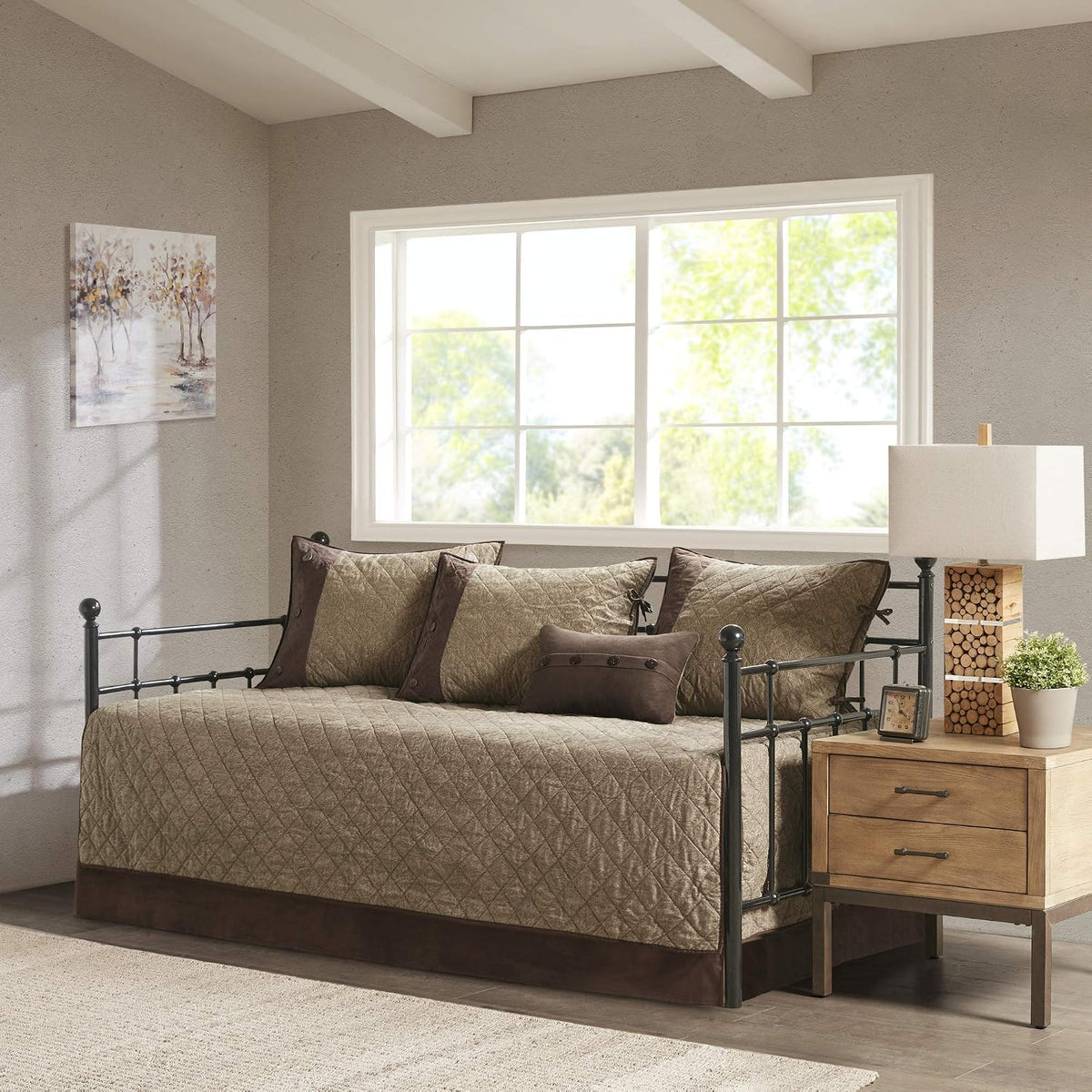 Madison Park Daybed Cover Set - Trendy Design, All Season Luxury Bedding with Bedskirt, Matching Shams, Decorative Pillow, Diamond Quilted Faux Suede Reversible Brown 75'x39' 6 Piece