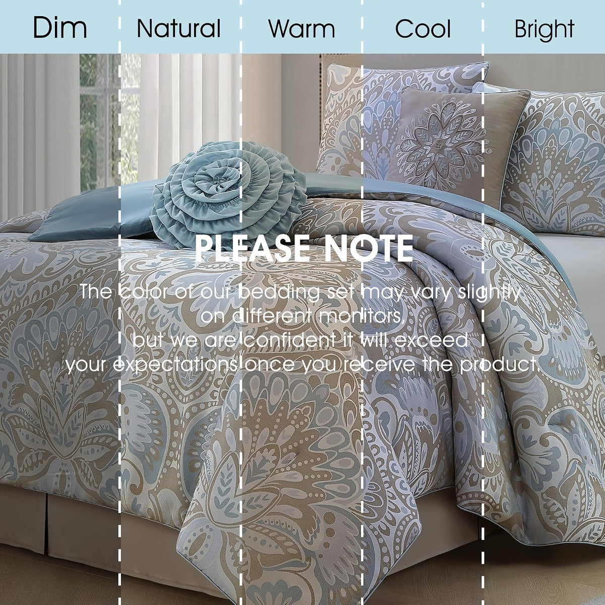 LANCO MODERN LIFESTYLE Blue Gold 6 Piece Comforter Set, Queen, Elegant Floral Jacquard, Ultra Soft Bed Set for All Seasons, Bed in a Bag, Include Comforter, Bed Skirt, Pillow Shams & Decor Pillows
