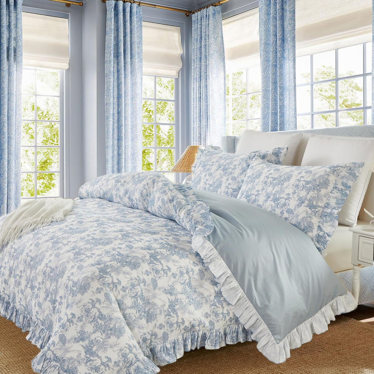 Brandream French Country Toile Duvet Cover Set Queen Size for Girl Women 100% Cotton Luxury Cottagecore Bedroom Decor Blue French Toile Botanical Print Bedding with Romantic Ruffled Trim