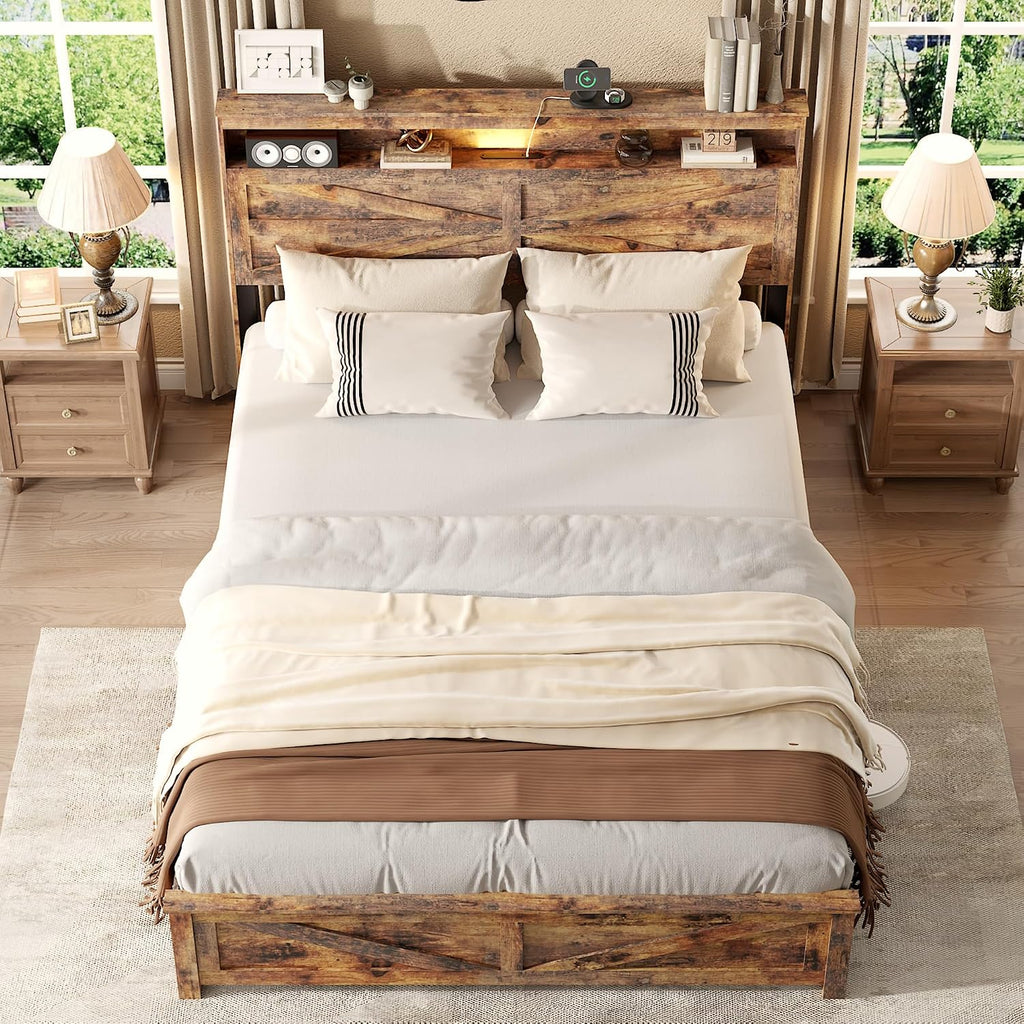 Farmhouse Queen Size Bed Frame with Storage Headboard, Wooden Platform Bed Frame with LED Lights & Charging Station, Rustic Brown Metal Bed, No Box Spring Needed, Noise-Free Sturdy Structure