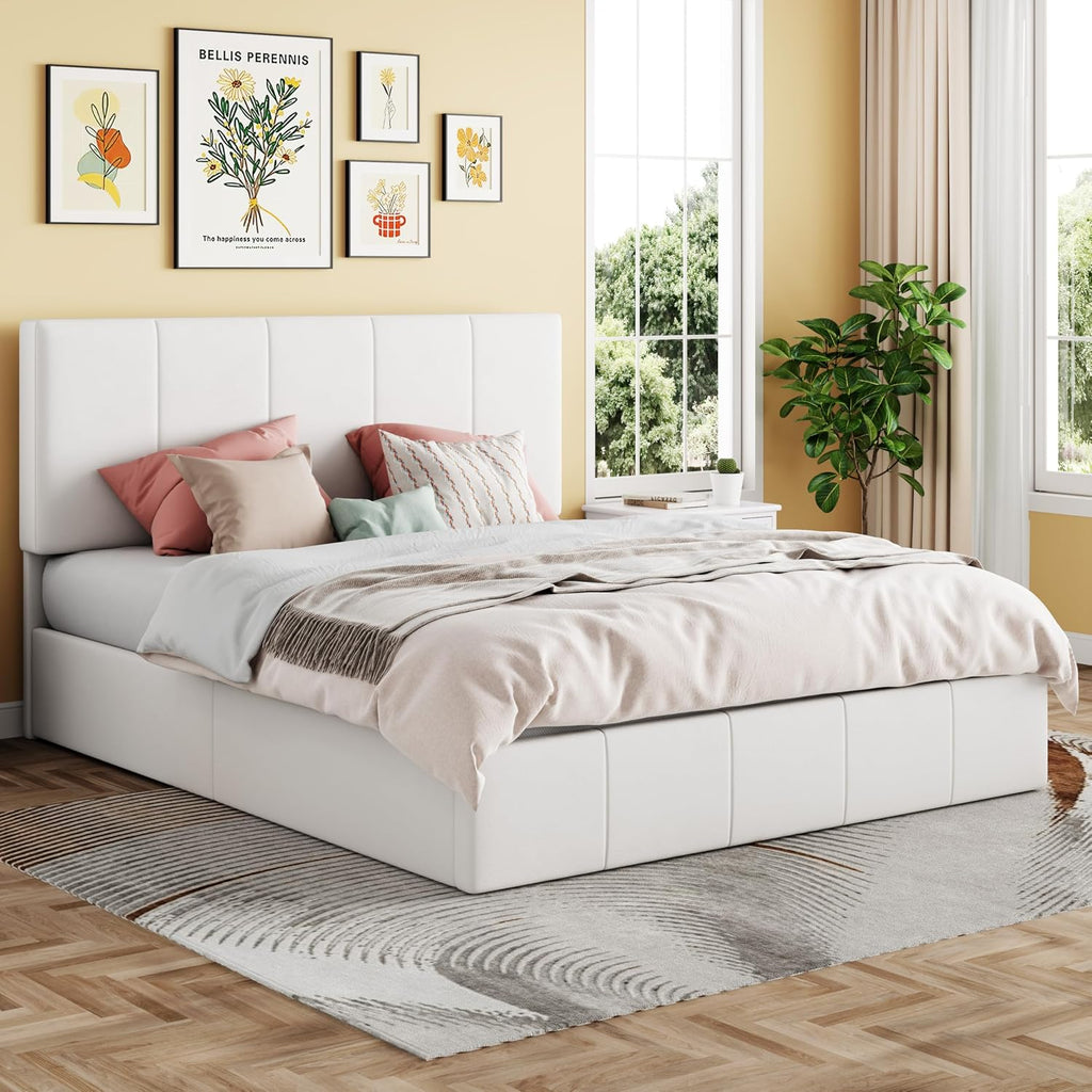 SHA CERLIN Full Size Lift Up Storage Bed Frame, Adjustable Headboard, Hydraulic Support, Velvet Upholstered, Easy Installation, No Box Spring Needed, White