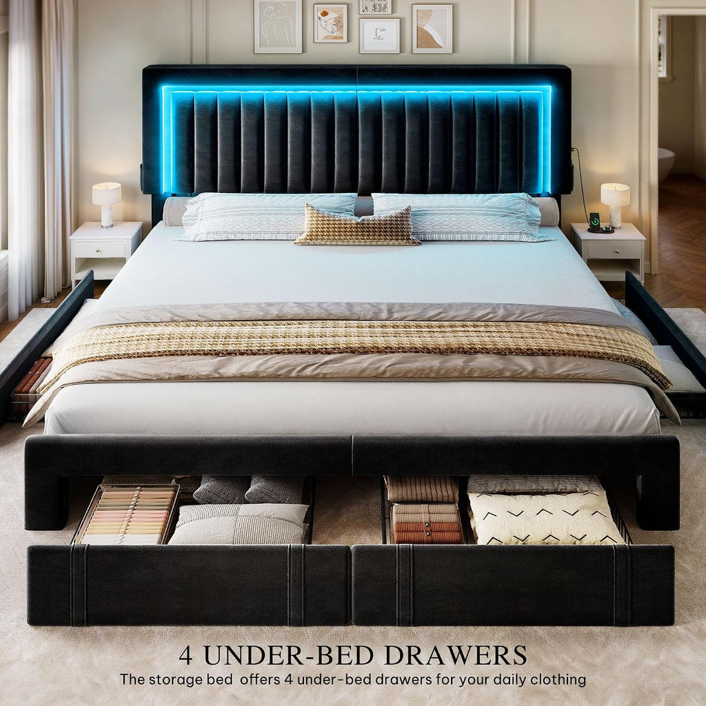 YITAHOME King Size Bed Frame with Adjustable Headboard, 4 Storage Drawers and RGB LED Lights, Velvet Upholstered Platform Bed with USB Ports, No Box Spring Needed, Fast Assembly, Noise-Free, Black