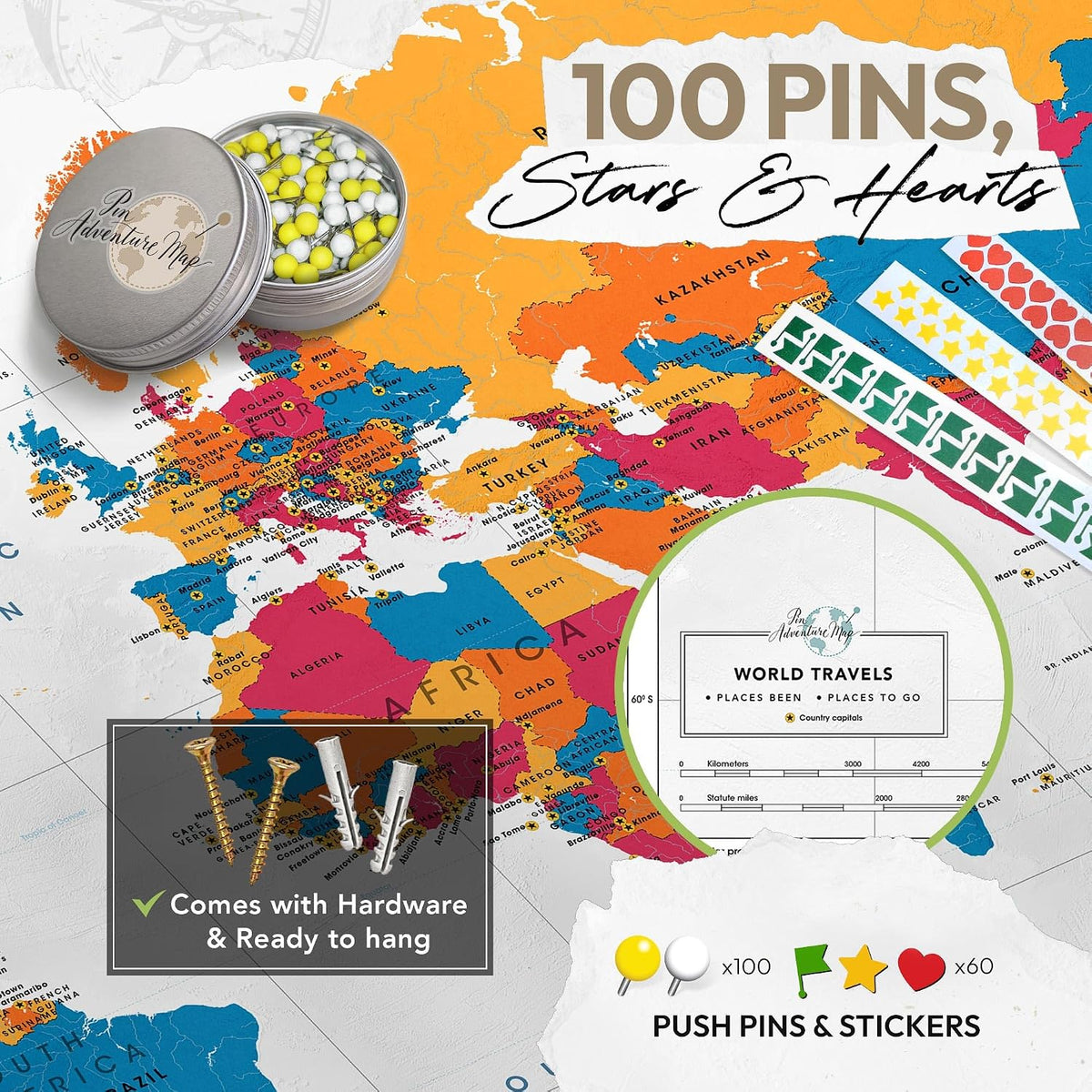 World Map Canvas with Pins: Explore Political or Tourist Destinations in 5 Colors. | Perfect Gift for Travelers' sized 22' x 16' | by Pin Adventure map (California, Political map)
