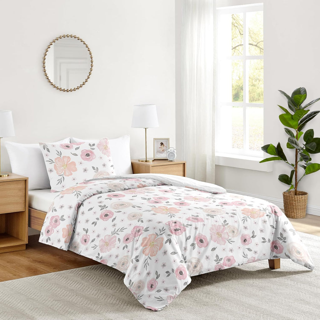 Sweet Jojo Designs 2-Piece Twin Comforter Set (Pink/Grey Boho Floral) for Girls, Kids, Teen, College Bed Room incl. Single Size Bedding & Sham (Watercolor, Flower, Elegant Rose, Farmhouse, Blush Gray)