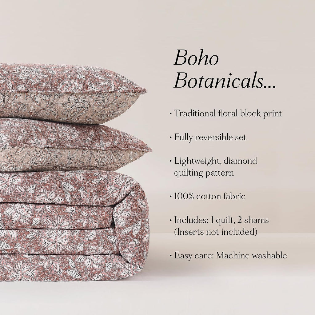 Lush Decor Zara Floral Block Reversible Cotton Quilt 3 Piece Set King/Cal King Terracotta - Floral Bedding Set - Block Print Quilt - Vintage Coquette Decor