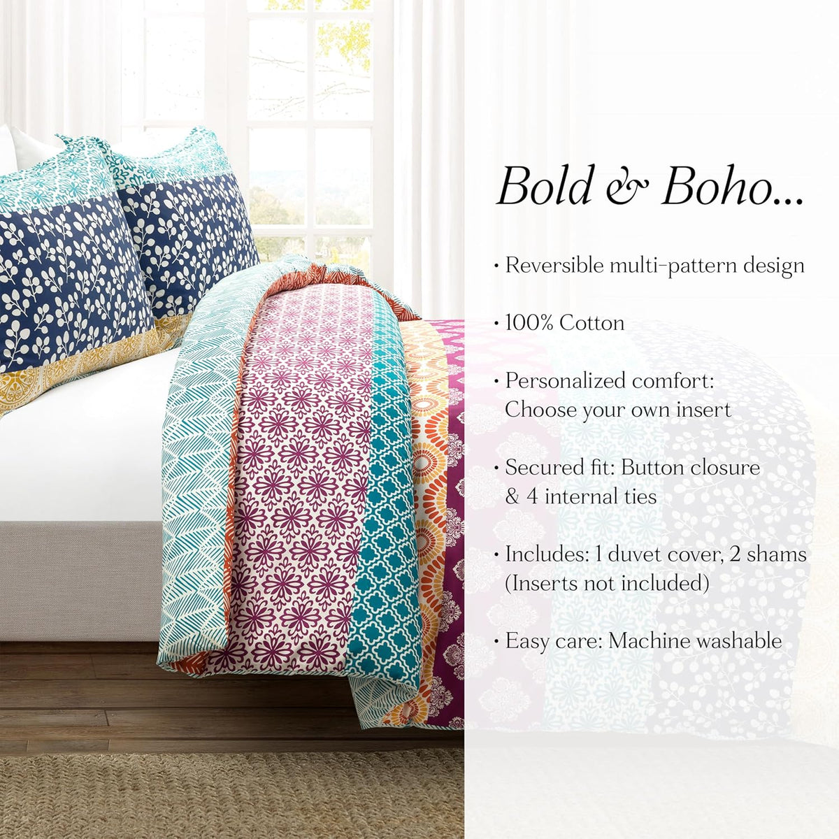 Lush Decor Bohemian Stripe Reversible Cotton Duvet Cover Set, 3 Piece Set, King, Fuchsia & Orange -Striped Bedding Set - King Duvet Set - Boho Decor