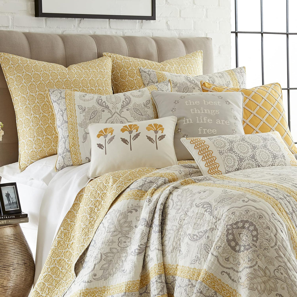 Levtex Home - St. Claire Quilt Set - King Quilt + Two King Pillow Shams - Suzani and Paisleys - Grey and Yellow - Quilt Size (106x92in.) and Pillow Sham Size (36x20in.) - Reversible