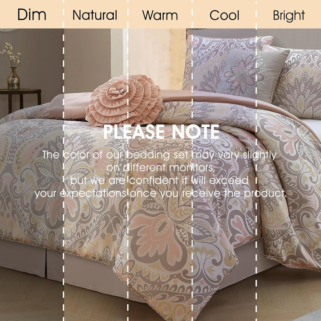 LANCO MODERN LIFESTYLE Blush 6 Piece Comforter Set, Queen, Elegant Floral Jacquard, Ultra Soft Bed Set for All Seasons, Bed in a Bag, Include Comforter, Bed Skirt, Pillow Shams & Decor Pillows