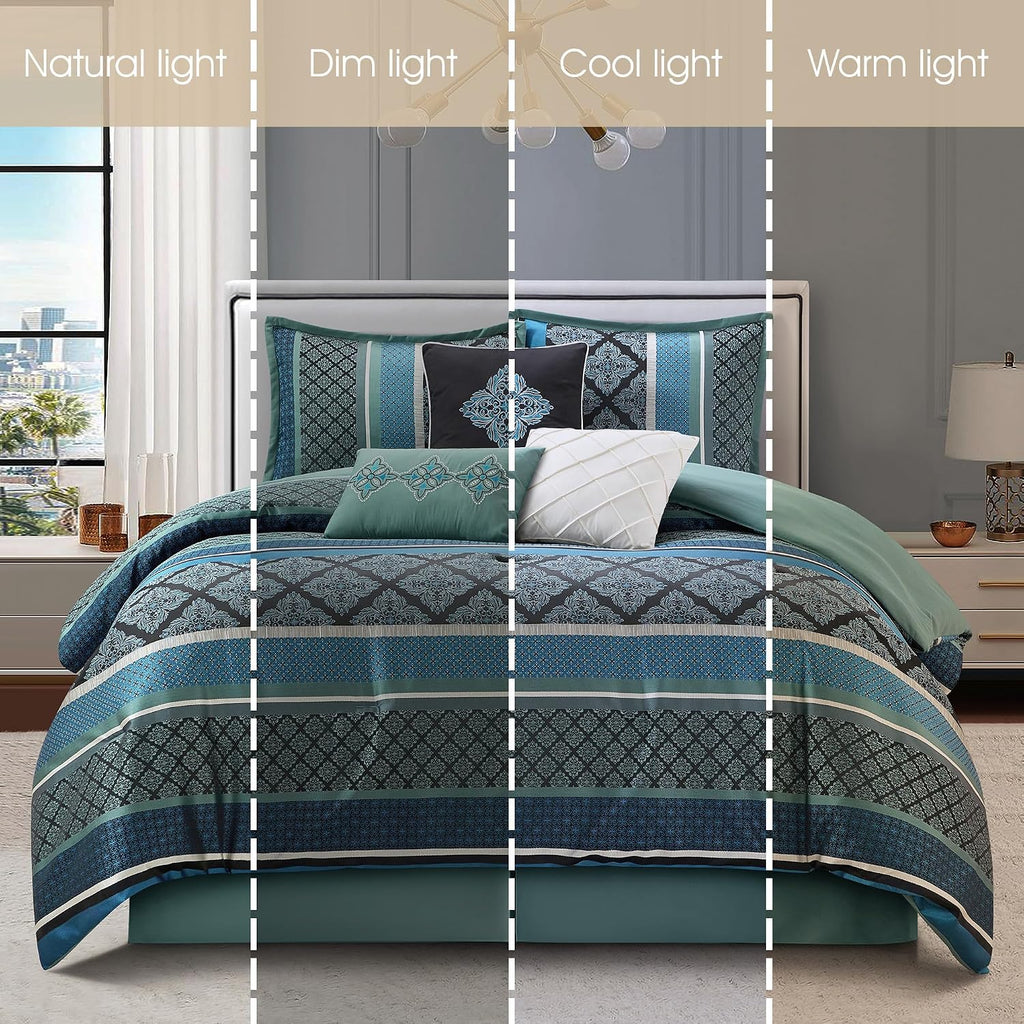 Grand Avenue Blue Geometric California King Comforter Set, 7 Piece, Jacquard All Season Premium Bedding Set, Matching Shams, Bedskirt, Decorative Pillows