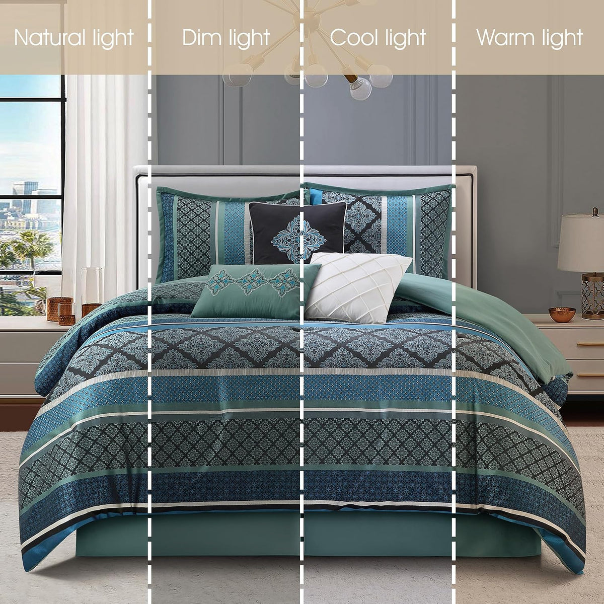 Grand Avenue Blue Geometric California King Comforter Set, 7 Piece, Jacquard All Season Premium Bedding Set, Matching Shams, Bedskirt, Decorative Pillows