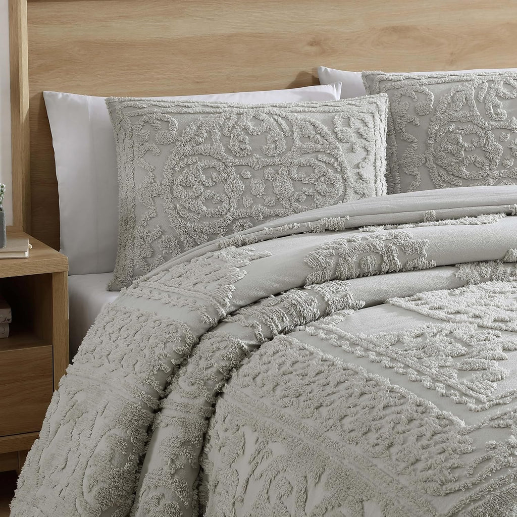 Beatrice Home Fashions Medallion Tufted Chenille Comforter 3-Piece Set, Cotton, All Season Cozy Bedding, Queen, Gray